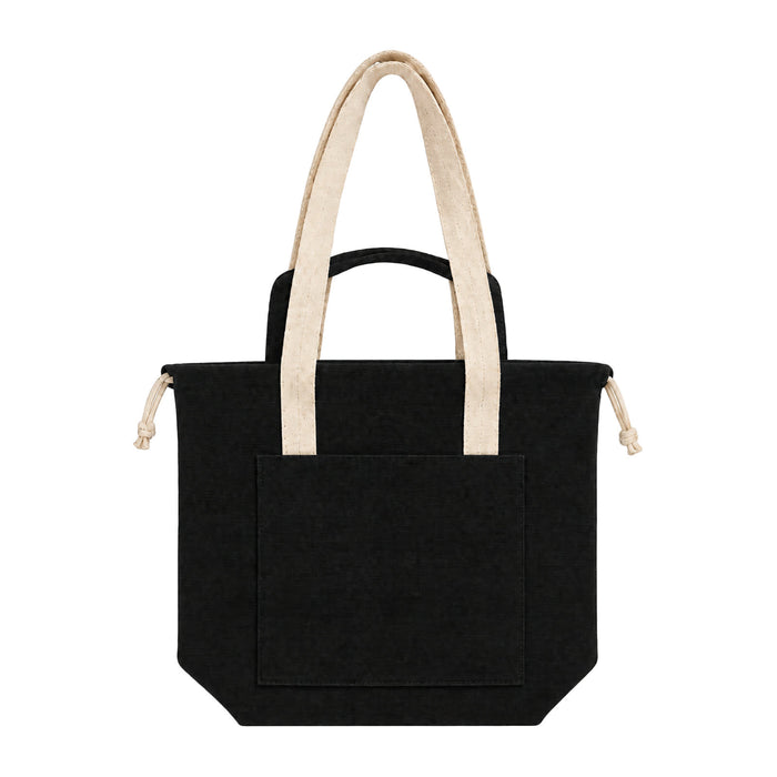 Darby Tote Bag - A black tote bag with beige handles and a front pocket, featuring a logo.