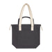 Darby Tote Bag - A dark grey tote bag with beige handles and a front pocket, featuring a logo.