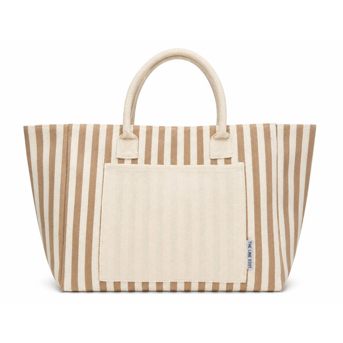 The Play & Graze - A striped tote bag in beige and cream featuring two handles and a front pocket. Branding is present on the bag.