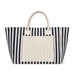 The Sun & Sip Gift Set - A navy and cream striped tote bag with two sturdy handles and a front pocket. It features a branding logo.