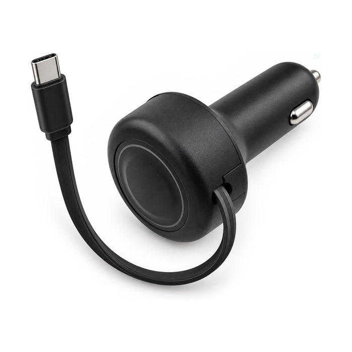 Turbo 20w Retractable Car Charger - A black retractable car charger featuring a USB-C port and a compact design. It includes an integrated cable.