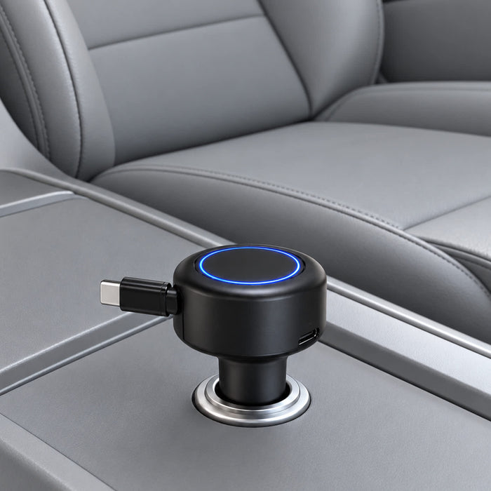Turbo 20w Retractable Car Charger - A black retractable car charger is positioned in a vehicle console, featuring a blue LED ring and a USB port.