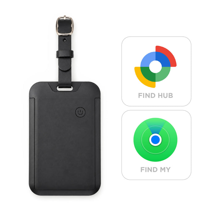 Jet Luggage Tag Tracker - A black luggage tag tracker with a strap and a power button, accompanied by two app icons for tracking.