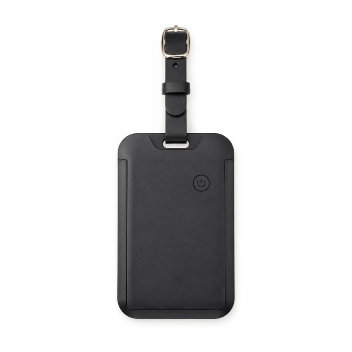 Jet Luggage Tag Tracker - A black luggage tag tracker with a looped strap and a minimalist design, featuring a small logo on the front.