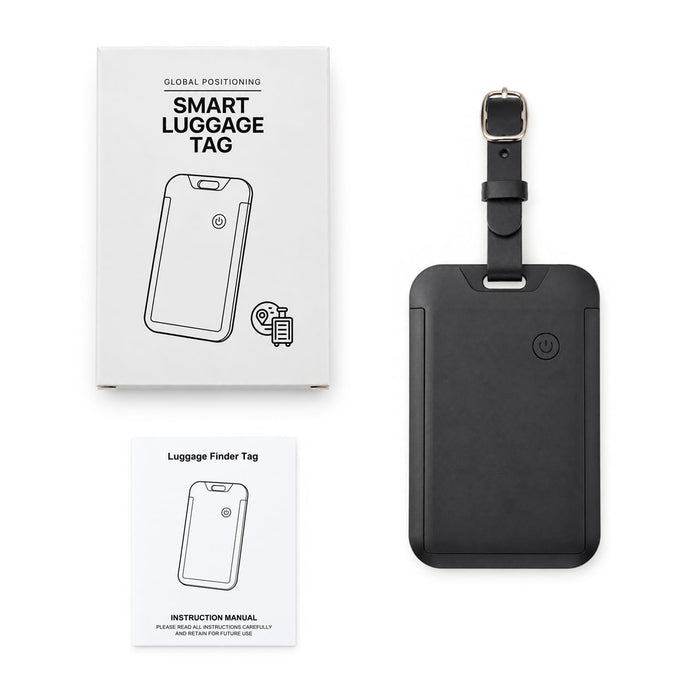 Jet Luggage Tag Tracker - A black luggage tag tracker with a strap, accompanied by an instruction manual and packaging.