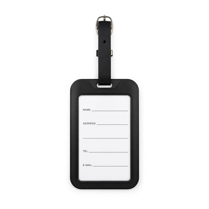 Jet Luggage Tag Tracker - A sleek black luggage tag tracker with a transparent window for personal information and a sturdy attachment strap.