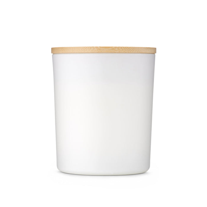 The Warm Welcome - A large white glass candle with a bamboo lid, designed for home and living decor.