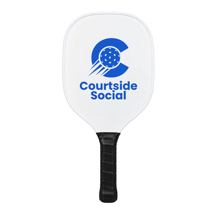 Matchpoint Pickleball Set - A white pickleball paddle featuring a blue logo and black grip. The paddle has a smooth surface and a rounded shape.