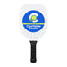 Matchpoint Pickleball Set - A white pickleball paddle with a circular logo featuring a yellow ball and blue accents. It has a black grip.