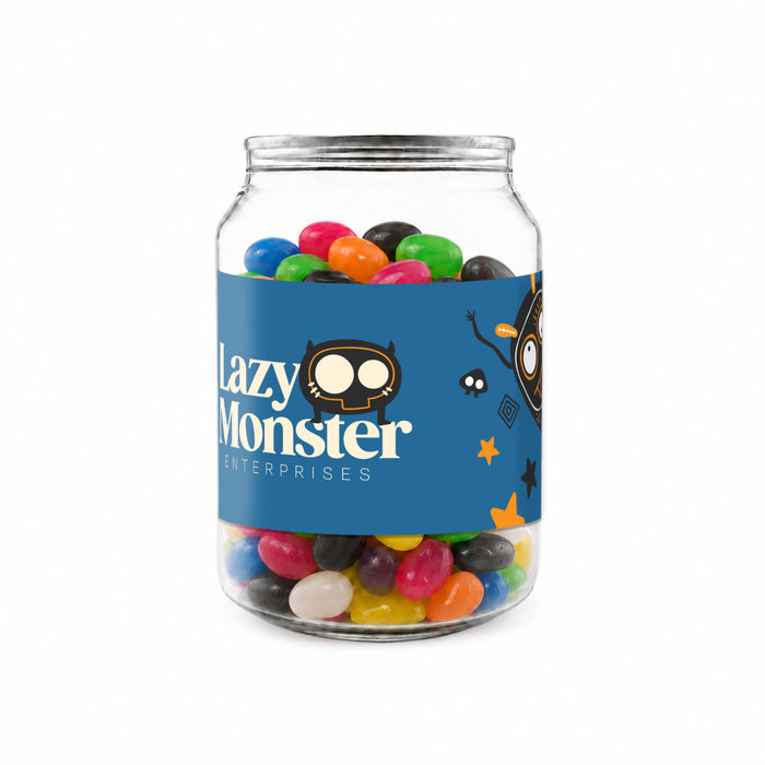 Assorted Jelly Beans in Clear Can 210g - A clear canister filled with assorted jelly beans in vibrant colours, featuring a blue label with a logo.