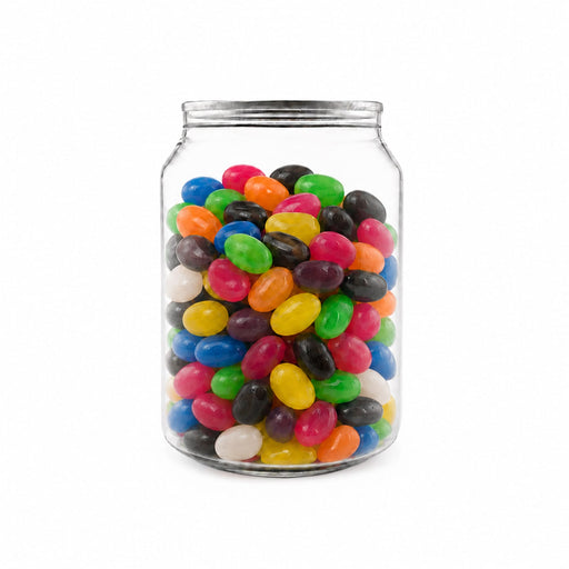 Assorted Jelly Beans in Clear Can 210g - A clear jar filled with assorted jelly beans in vibrant colours, including pink, blue, green, yellow, and black.