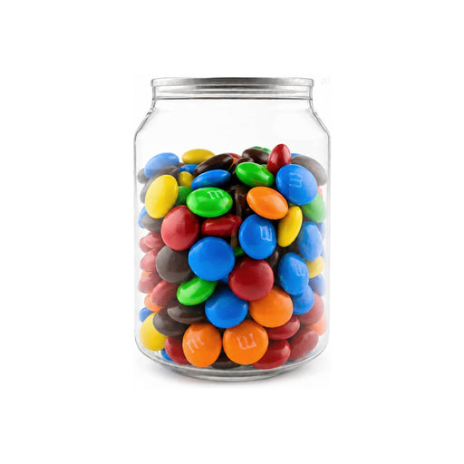 M&M's in Clear Can 180g - A clear canister filled with M&M's in various colours, including blue, yellow, green, red, and brown.