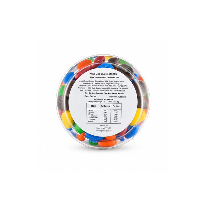 M&M's in Clear Can 180g - A clear can filled with colourful Milk Chocolate M&M's, featuring red, blue, yellow, green, black, and orange candies.