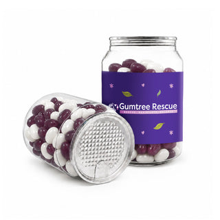 Corporate Colour Jelly Beans in Clear Can 210g - Clear jar filled with purple and white jelly beans, featuring a branding label on the side.