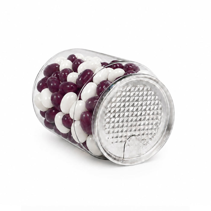 Corporate Colour Jelly Beans in Clear Can 210g - Clear canister filled with purple and white jelly beans, featuring a textured lid and a transparent design.