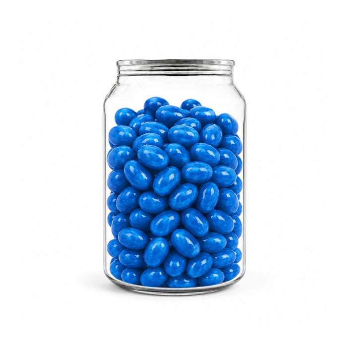 Corporate Colour Jelly Beans in Clear Can 210g - A clear can filled with glossy blue jelly beans, showcasing their vibrant colour and smooth texture.