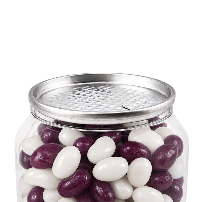 Corporate Colour Jelly Beans in Clear Can 210g - A clear can filled with purple and white jelly beans, topped with a metallic lid featuring a perforated design.