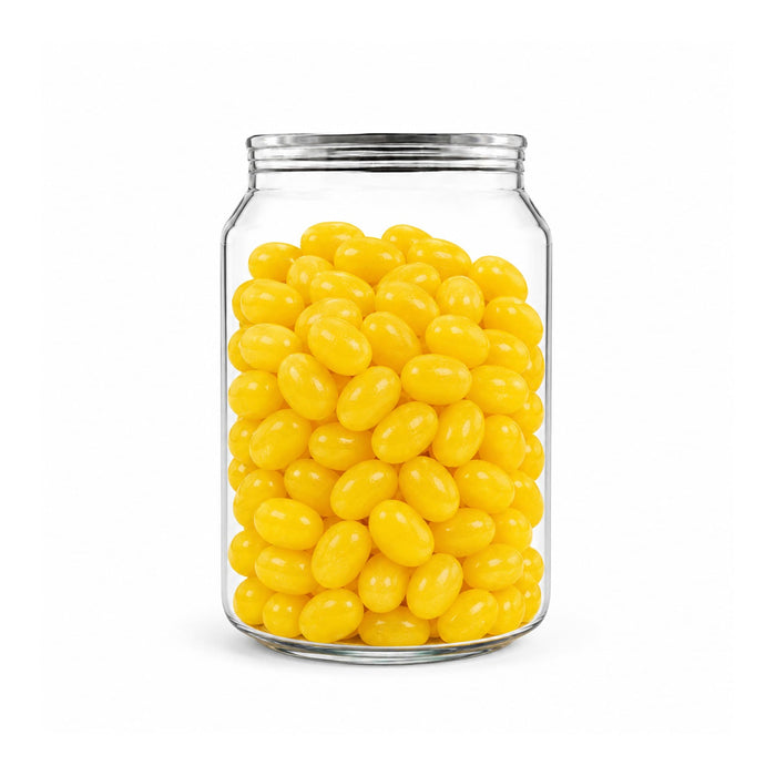 Corporate Colour Jelly Beans in Clear Can 210g - A clear can filled with bright yellow jelly beans, showcasing a vibrant and colourful treat.