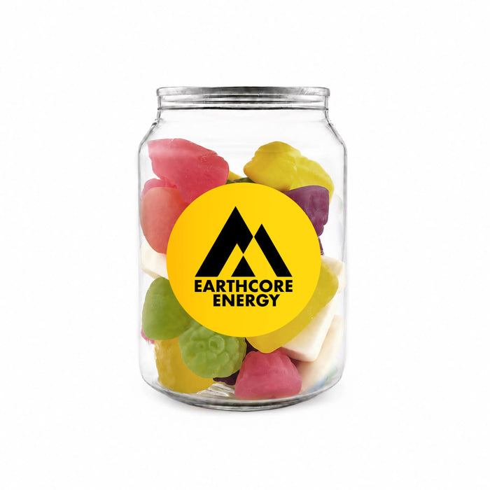Jelly Party Mix in Clear Can 150g - A clear jar containing a variety of jelly lollies in vibrant colours, including pink, green, yellow, and purple.