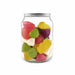 Jelly Party Mix in Clear Can 150g - A clear canister filled with vibrant jelly sweets in various shapes and colours, including pink, green, and yellow.