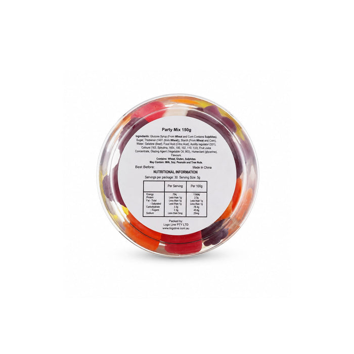 Jelly Party Mix in Clear Can 150g - A clear can filled with colourful jelly party mix sweets, featuring various shapes and flavours. Contains a logo.