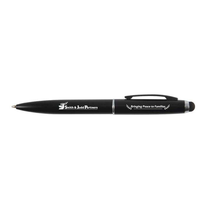 Starion Pen - A metal pen in black with a clip and a stylus tip, featuring branding on the side.