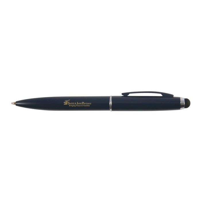 Starion Pen - A metal pen featuring a sleek black design with a silver clip and a stylus tip, branded with gold lettering.