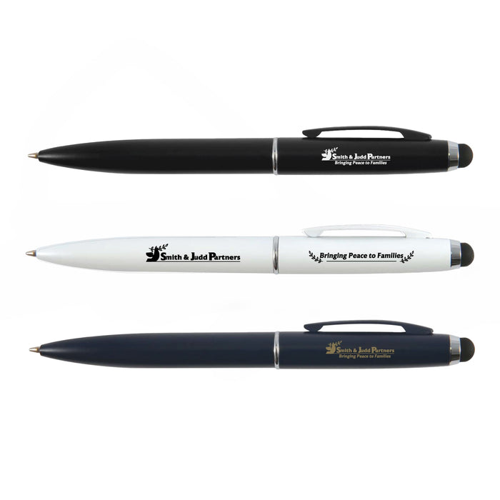 Starion Pen - Three metal pens are displayed: one black, one white, and one navy, each featuring branding.