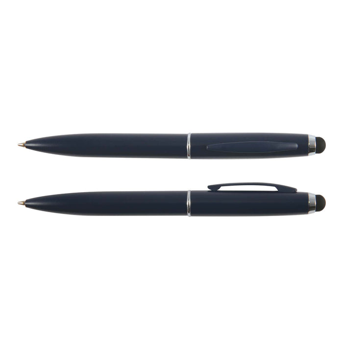 Starion Pen - A set of Starion metal pens featuring a sleek dark blue design, including a ballpoint variant and a stylus tip option.