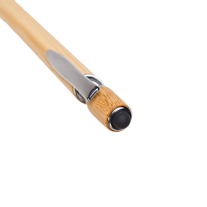 Miami Bamboo Pen - A bamboo pen with a sleek design, featuring chrome accents and a rounded black tip. It has a branding element.