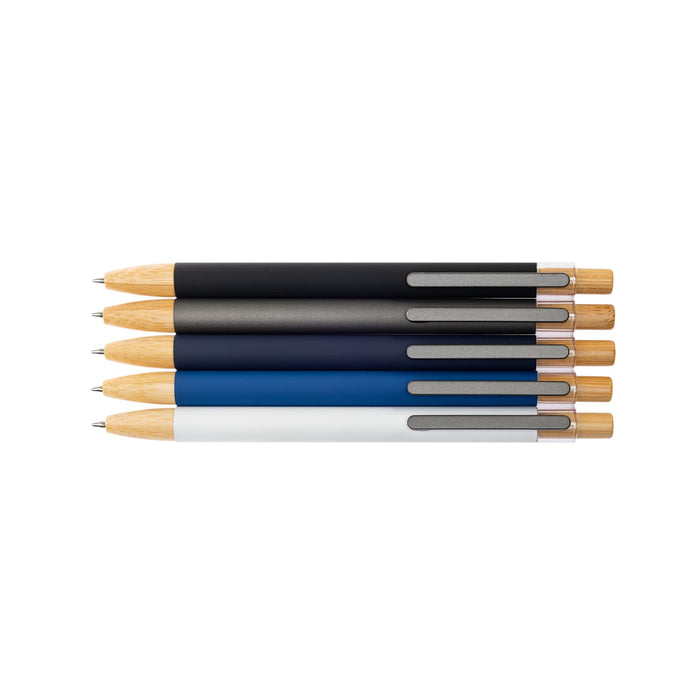 Serenity Aluminium Pen - A collection of Serenity Aluminium Pens in black, grey, navy blue, and white, featuring wooden accents.