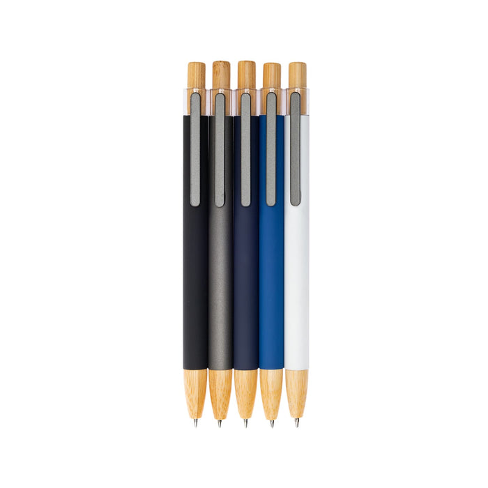 Serenity Aluminium Pen - A set of five metal pens in black, grey, blue, and white, featuring bamboo accents and a logo.