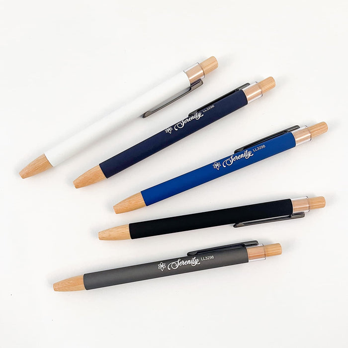 Serenity Aluminium Pen - A set of Serenity Aluminium Pens in white, navy, blue, black, and grey, featuring wooden accents and a logo.