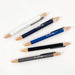 Serenity Aluminium Pen - A set of Serenity Aluminium Pens in white, navy, blue, black, and grey, featuring wooden accents and a logo.