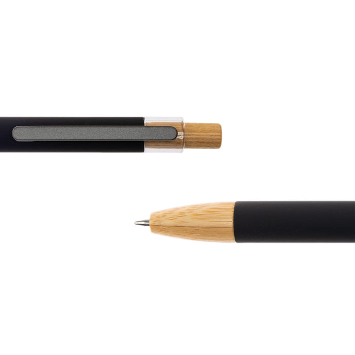 Serenity Aluminium Pen - A black metal pen with bamboo accents, featuring a clip and a pointed tip. It includes a logo.