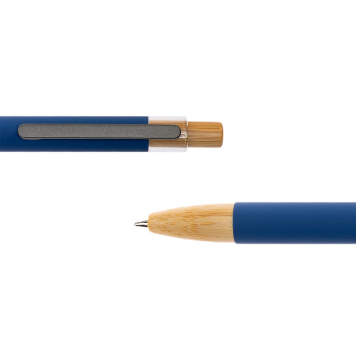 Serenity Aluminium Pen - A blue metal pen with a bamboo accent and a silver clip. The pen features a smooth, streamlined design.
