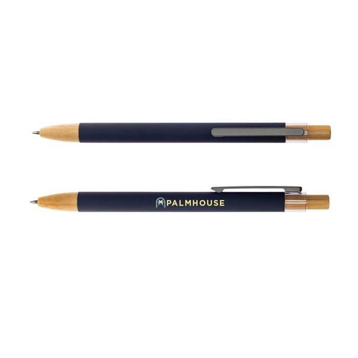 Serenity Aluminium Pen - A metal pen featuring a navy body and wooden accents, with a clip and branding.