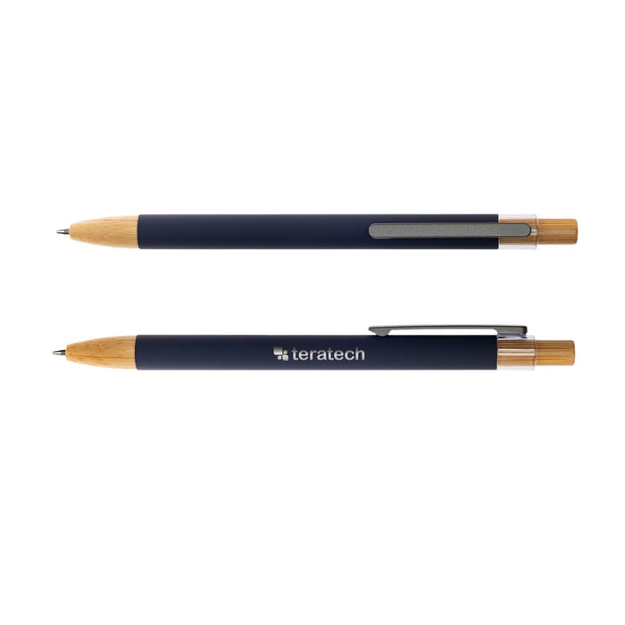 Serenity Aluminium Pen - A metal pen with a dark blue body and wooden accents, featuring a clip and branding.