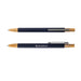 Serenity Aluminium Pen - A metal pen with a dark blue body and wooden accents, featuring a clip and branding.
