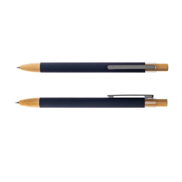 Serenity Aluminium Pen - A set of two ergonomic metal pens, featuring a blue body and bamboo accents, with clips for easy carrying.