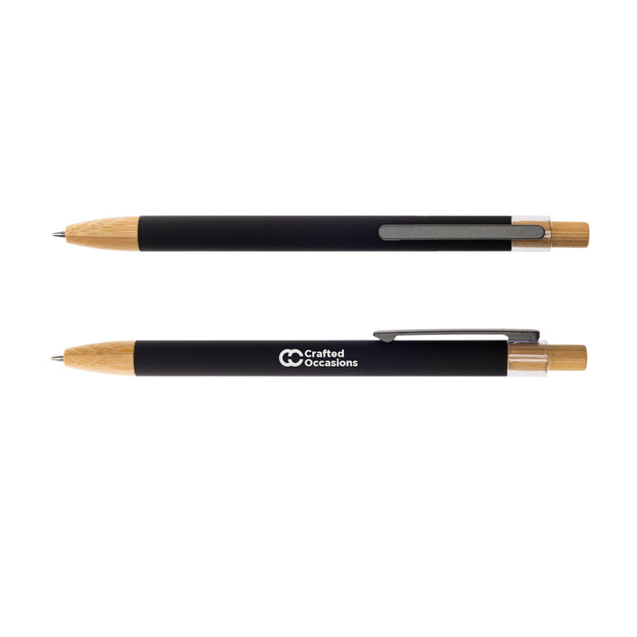 Serenity Aluminium Pen - A metal pen featuring a black body and wooden accents, equipped with a clip and logo branding.