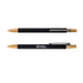 Serenity Aluminium Pen - A metal pen featuring a black body and wooden accents, equipped with a clip and logo branding.