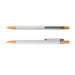Serenity Aluminium Pen - A set of two aluminium pens with a white body and gold accents, featuring a clip and a logo.