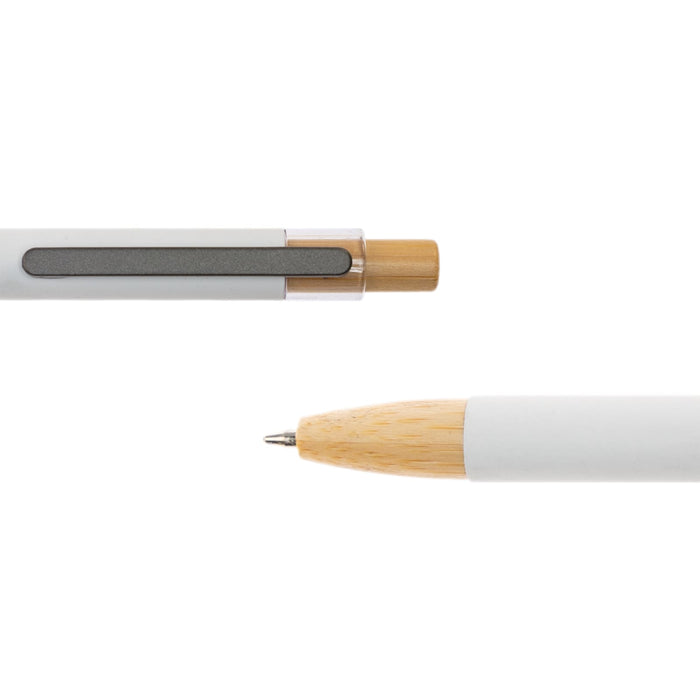 Serenity Aluminium Pen - A metal pen with a white body and a bamboo tip, featuring a contrasting clip. It has a logo on the clip area.