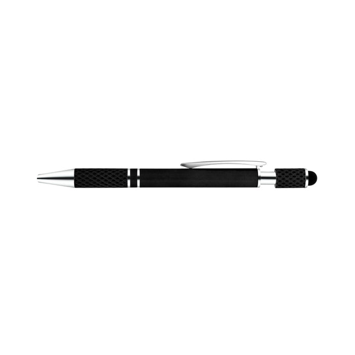 The Mindful Moment - A black pen with silver accents and a textured grip, featuring a logo.