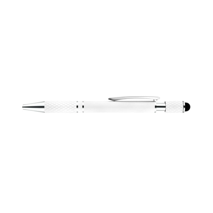 The Mindful Moment - A white spinner pen with silver accents and a textured grip, featuring a logo.
