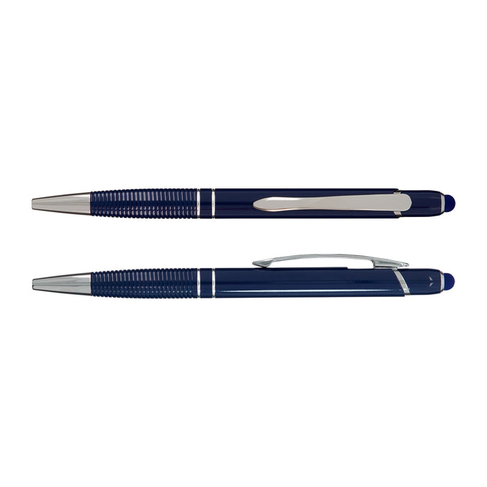 Tech Pack Travel - A blue aluminium pen with a silver clip and textured grip, featuring a logo on its body.