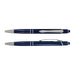 Tech Pack Travel - A blue aluminium pen with a silver clip and textured grip, featuring a logo on its body.