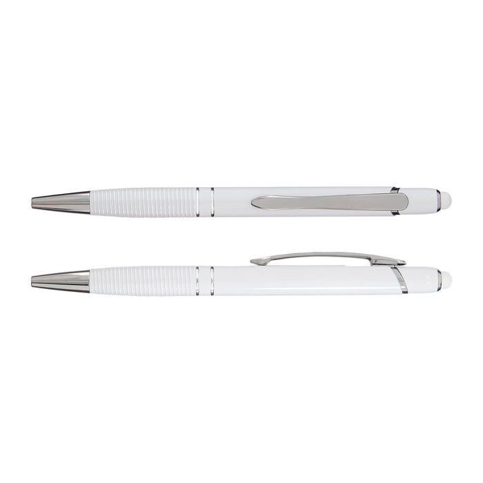 Tech Pack Travel - A white aluminium pen with silver accents, featuring a grooved grip and a clip. The pen has a sleek, modern design.