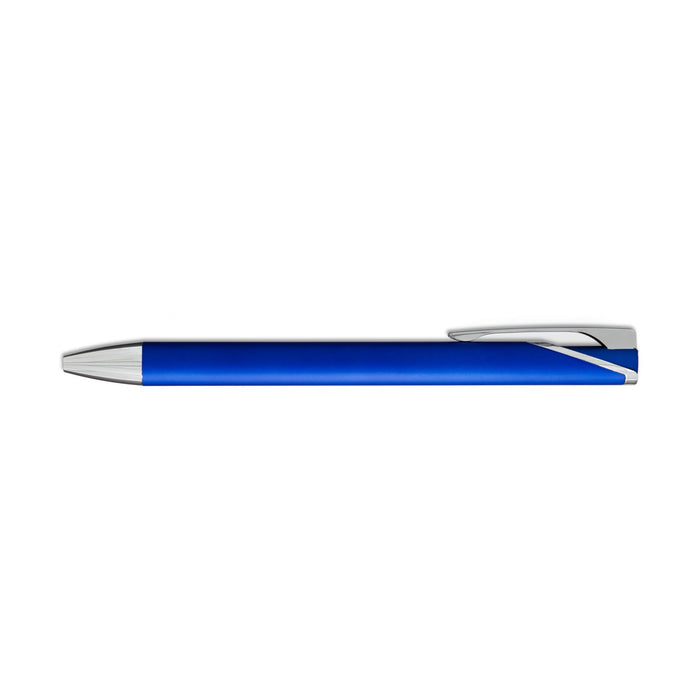 Maddie Gel Ink Pen - A blue gel ink pen with a silver clip and tip, featuring a sleek design and a branding logo.